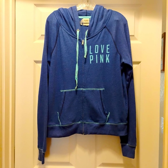 PINK Victoria's Secret Dark Blue Navy Zip Up Classic Hoodie Jacket Love Size L - Picture 1 of 6